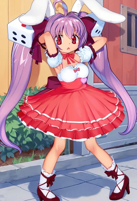 score_9, score_8_up, score_7_up, best quality, uncensored, source_anime, BREAK
1girl, solo, usada_hikaru, ahoge, rabbit ears, dice hair ornament, ahoge, purple hair, twintails, red eyes, ribbon choker, wrist ribbon, dress, usada_hikaru_outfit, red frills skirt, bare shoulders, white socks, high heels,
from side, arms behind head, Confused, Wide-open eyes, a slightly furrowed brow, and a slightly open mouth., outdoors,
<lora:sdxl_lightning_8step_lora:1> <lora:usadahikaru_XL(pony)rev2:0.8>
