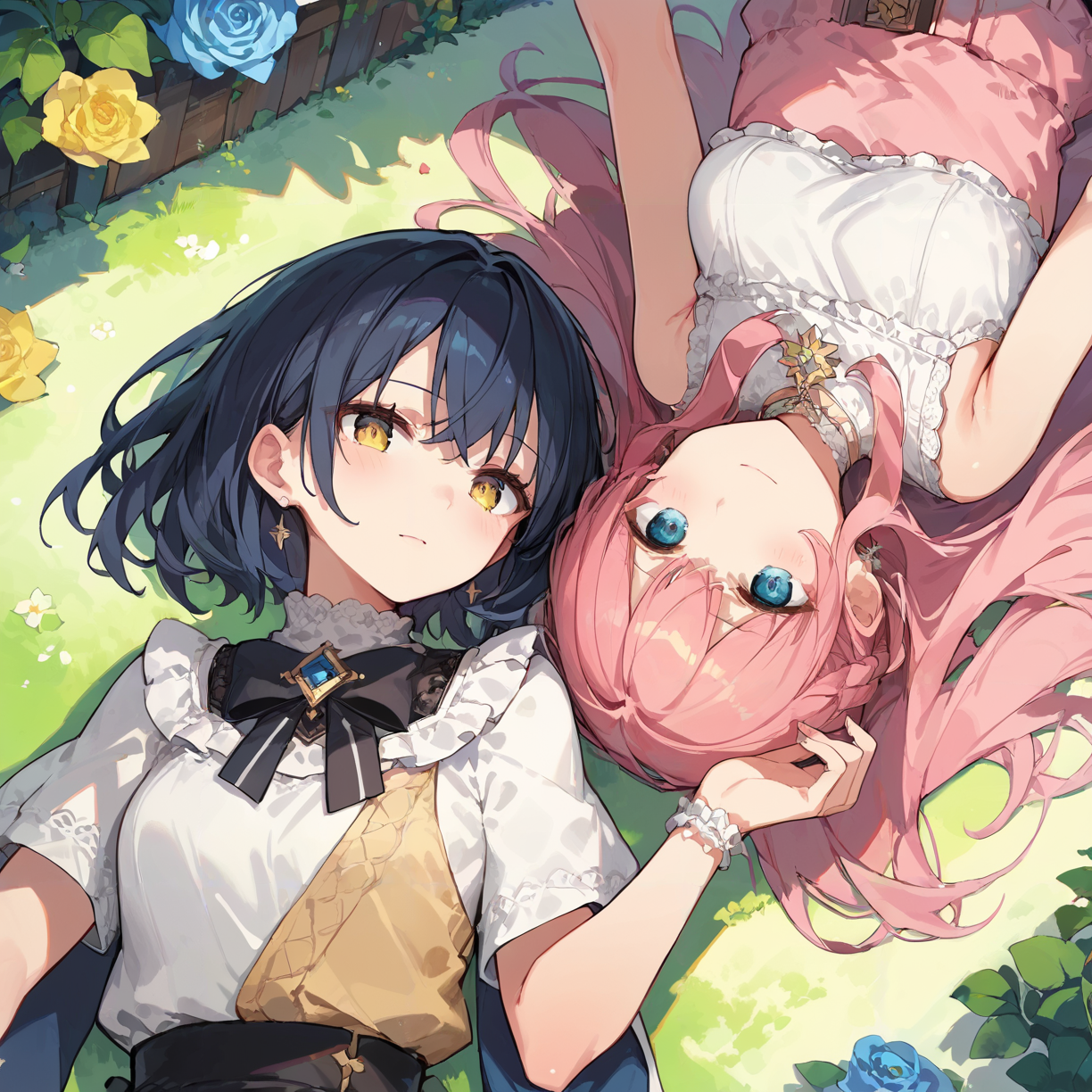 score_9, score_8_up, score_7_up,source_anime, high res image,masterpiece,best quality,(girl:1.0),cute face,clear skin,shiny hair,ultra detailed eyes,simple background, <lora:yuri taiji diagram_pony_V1.2:1> yuri taiji diagram, 2girls, lying, looking at another