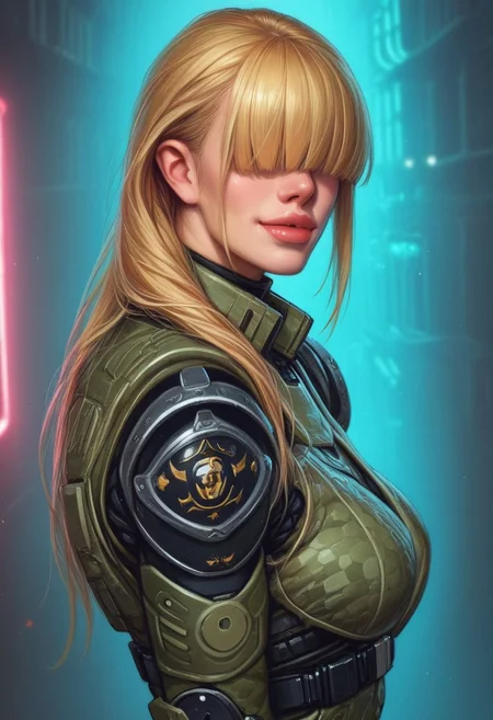1girl, ((side view))), looking at viewer, highly detailed, from front, 1girl, skinny, looking at viewer, masterpiece, best quality,
raw, extremely detailed, hyperrealism, photo, perfect anatomy, <lora:grewishka_alita_pxl:1> source_photo, source_real, robot, cyborg, android, solo, looking at viewer, 1girl, full body, ((special force camo armor)), high heels, neon_lights, dynamic pose, pistols in hands
BREAK
fang smile, looking at viewer, long hair, ((blonde highlighting hair)), (((hair over eyes, front bangs))), long hair, dynamic pose
best quality, depth of field, bokeh, (((full clothed))), ((special force camo armor)),
BREAK
((((big futuristic gun in hands)))), (big futuristic pistol in hands:1.3), sc-fi soldier, dynamic pose, military camo armor
(((((rooftop, night city, neon lights))))) score_9, score_8_up, score_7_up, score_6_up, source_cartoon, rating_explicit, Expressiveh, (((((upper body))))), dynamic pose