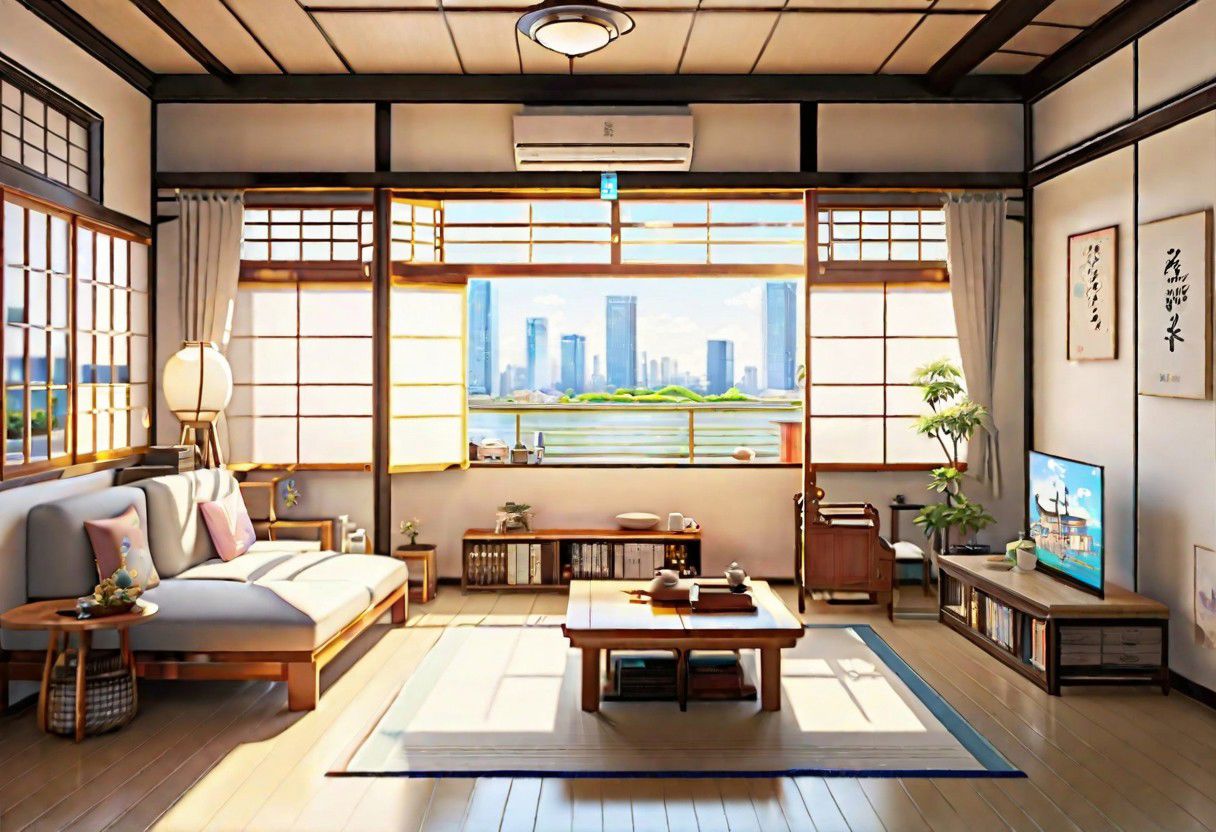 ((front view)), ((Japanese animation style)), modern-style interior, with white walls, (large windows), Nordic-style furniture, a  study, Sofa, coffee table, bookcase, single wall, 
warm light morning sun, (the view of the city)