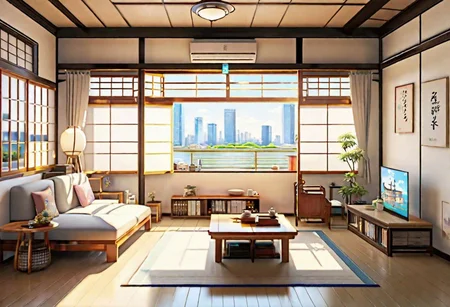 ((front view)), ((Japanese animation style)), modern-style interior, with white walls, (large windows), Nordic-style furniture, a  study, Sofa, coffee table, bookcase, single wall, 
warm light morning sun, (the view of the city)