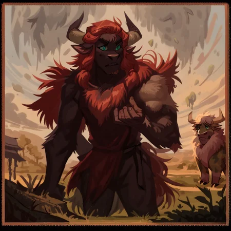 score_9, score_8_up, score_7_up, score_6_u highland cattle perfect face detailed, focus in face highland cattle, highland cattle humanoid demon, highland cattle monster painting, in the style of atmospheric environments, epic landscapes, bold landscapes, dark cyan and red, raw, confrontational figures, brunaille underpainting, concept art