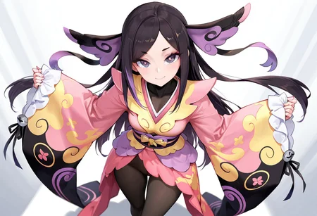 best quality,amazing quality,masterpiece,plain background,beautiful detailed eyes,only 1 girl,Personal,perfect body,bright face,looking at viewer,mellow body,ruddy skin,standing,small smile,Valerie \(pokemon\),slender body,flat breasts,full clothing,universal level,whole body,black pantyhose,long kimono,wing like furisote,ethereal eyes,top view,speard arm,hands cover in furisote