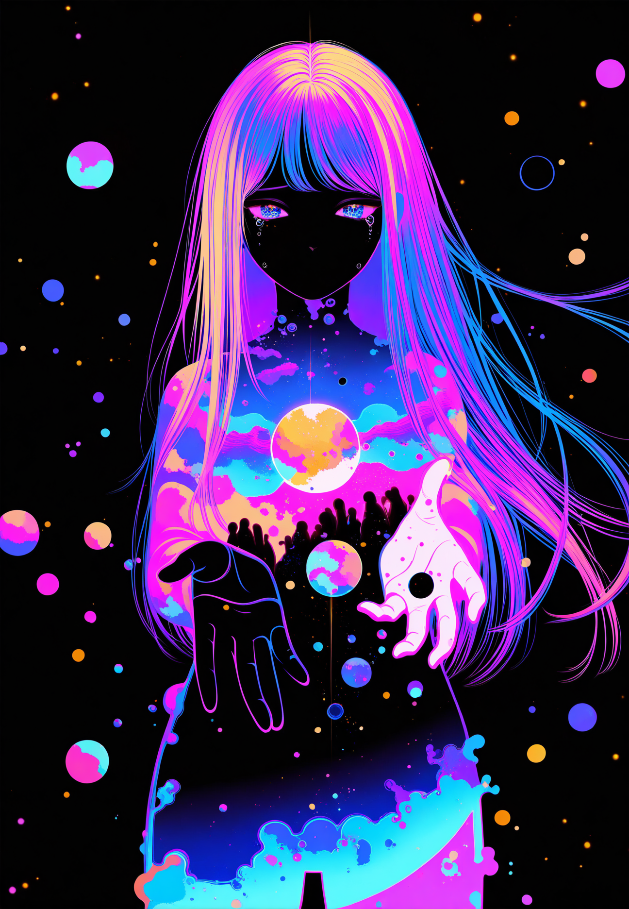 1girl, black background, limited palette, sad, neon, galaxy