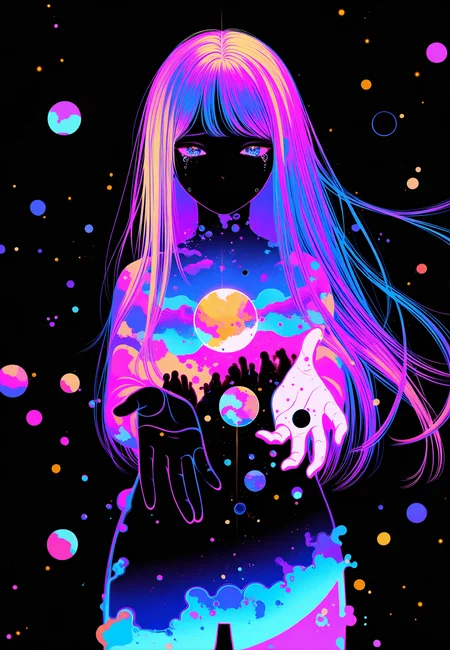 1girl, black background, limited palette, sad, neon, galaxy