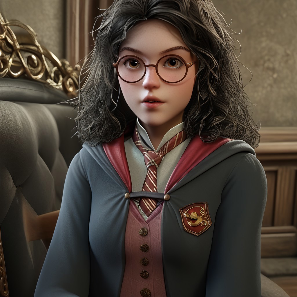score_9, masterpiece, best quality, realistic, break, cressida_hl, round eyewear, long hair, black hair, curly hair, hogwarts school uniform, sitting, chair, looking at viewer