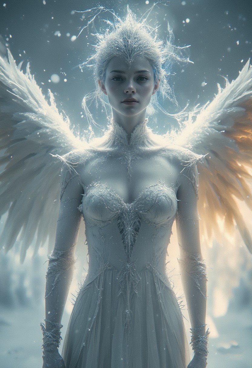 Extreme detailed photorealistic face Closeup, best quality, masterpiece, HDR photorealistic image, extremely detailed, great lighting, a detailed and dynamic photo of a snowman-like female figure with an ethereal presence. She has wide outstretched wings and is the embodiment of wind, blizzards, and icy cold that freezes for eternity. Snow particles swirl around her, and icy crystals sparkle in colorful, crystalline patterns. Her flowing gown is made of snow, billowing fiercely in the storm. Her wings are backlit by a setting sun, casting a golden-white glow that illuminates her imposing figure. The entire scene is filled with a mystical, yet awe-inspiring atmosphere, as if she controls the forces of winter itself.
