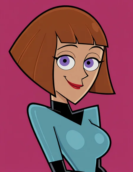<lora:MaddieFentonIllustrious1.0JLFO:1> maddief, 1girl, lipstick, brown hair, short hair, bodysuit, makeup, purple eyes, solo, gloves, bob cut, smile,upper body, portrait,, masterpiece, best quality, amazing quality, very aesthetic, absurdres,looking at viewer, simple background,