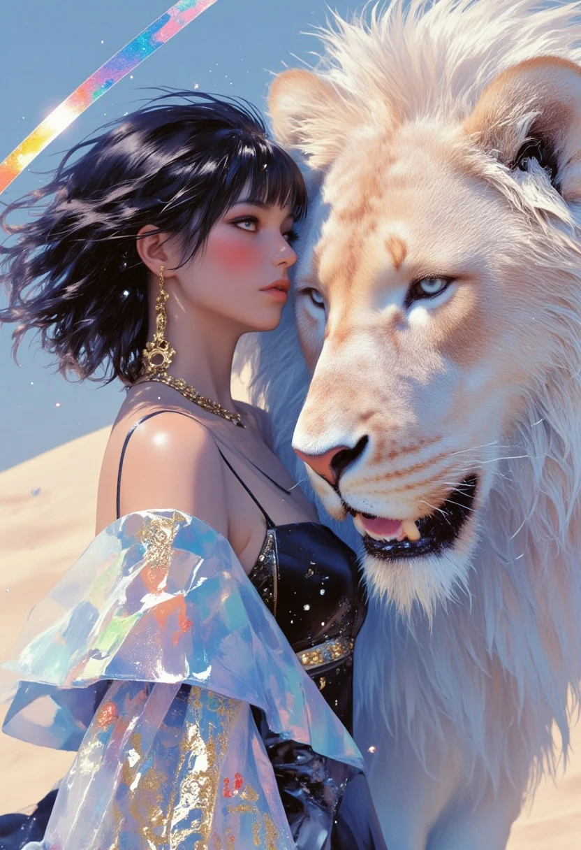 A hyper-realistic close-up portrait of a woman seamlessly blended with her legendary, ancient white lion, exuding both elegance and mystique. The woman’s avant-garde medieval Persian gown, composed of layered translucent fabrics in vibrant sapphire and silver, drapes gracefully with asymmetrical cuts and oversized sleeves, cascading like flowing waterfalls. Delicate hand-embroidered celestial patterns adorn the gown, adding an ethereal touch. Her dark, cascading hair, interwoven with luminous threads, seems to merge with the lion’s thick, oversized mane, which shimmers in shades of silver and cream. The lion’s powerful presence is felt as one of its icy blue eyes occupies part of the frame, exuding an air of ancient wisdom. The woman's sharp, confident gaze mirrors the intensity of her mythical companion, creating a powerful duality. The transition from warm golden sands to cool shadows in the background further emphasizes the surreal, harmonious blending of human and majestic beast, enhancing the otherworldly and avant-garde essence of the scene.
