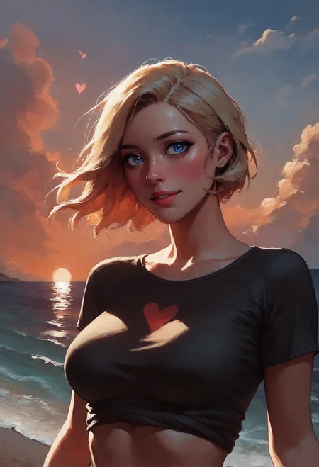 ASCIIscore_9, score_8_up, score_7_up, 1girl, black shirt, sea, beach, short hair, blonde hair, heart, curvy, romantic, sunset, (from front), upper body, impressionism <lora:sdxl\Concept Art Twilight Style SDXL_LoRA_Pony Diffusion V6 XL:0.8> <lora:sdxl\sinfully_stylish_SDXL:1>