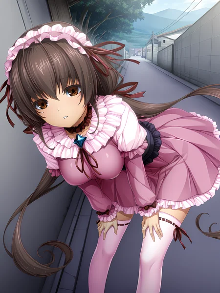 1girl,souma,inoino,doll outfit,<lora:Souma__Spica_-_Exs-Tia:1>,medium breasts,outstretched leg, leaning forward, hand on own leg, parted lips, outdoors,, masterpiece,best quality,amazing quality,