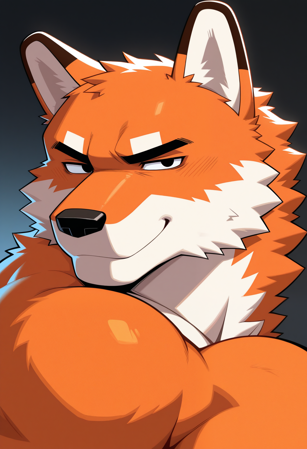 masterpiece,best quality,amazing quality, 1boy, solo, f0xMC, fox, orange fur, black eyes, muscular male, bara, orange fur, black eyes, close up, side angle, smirk, looking at viewer, blocky,