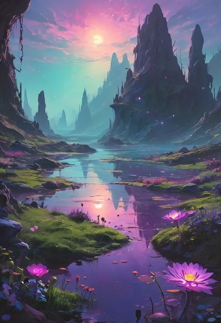 An otherworldly alien landscape featuring bizarre, surreal shapes and vibrant colors. The terrain is characterized by towering, twisted rock formations that seem to defy gravity, with crystalline structures jutting out at odd angles. The sky is a mesmerizing blend of unusual hues—deep purples, electric blues, and glowing greens—illuminated by multiple suns casting strange, elongated shadows. Unconventional flora, such as bioluminescent plants with spiraling tendrils and oversized, iridescent flowers, populate the landscape. In the distance, a shimmering lake reflects the vibrant sky, while floating islands hover above, connected by ethereal bridges of light. A thick, glowing mist envelops the scene, enhancing the dreamlike quality of this alien world.
style of greg rutkowski,janek sedlar,jenny saville:0]  <lora:vivid_everclear:0.35>  <lora:Sinozick:0.35>  <lora:MJ52:0.35>
