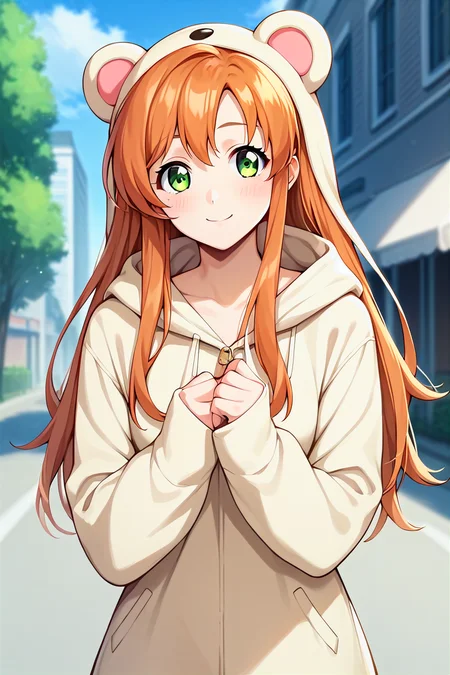 score_9, score_8_up, score_7_up, score_6_up, score_5_up, score_4_up, rating_questionable, , source_anime, digital illustration, pixiv, fanbox, uncensored, , BREAK, official art,
1girl, solo, female, shirley fenette, orange hair, green eyes, long hair,
animal costume, animal onesie, cute dress,, buildings, , outdoors, light smile, blush, cowboy shot, looking at viewer, <lora:Shirley_fennete_Pony:0.8>