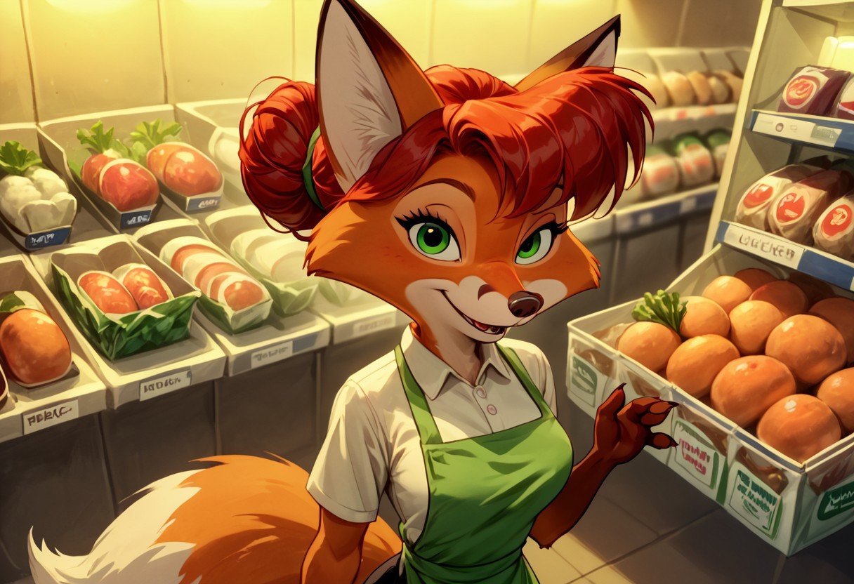 dynamic lighting, best quality, cartoon, disney style, score_9, score_8_up, score_7_up, score_6_up, 
indoors, large grocery store, produce section florescent lighting,
(high angle shot),
(1girl, young, cute, thicc, (anthro fox girl:1.5), (freckles:1), four fingers, (red hair in a messy bun:1.3), green eyes, locket necklace, medium breasts, white polo shirt, (green apron with white grocery logo), (name tag on left breast:1),, black skirt, seductive expression, smiling at viewer)