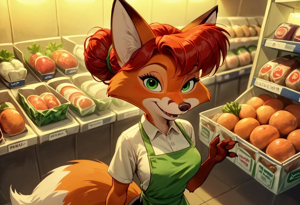 dynamic lighting, best quality, cartoon, disney style, score_9, score_8_up, score_7_up, score_6_up,
indoors, large grocery store, produce section florescent lighting,
(high angle shot),
(1girl, young, cute, thicc, (anthro fox girl:1.5), (freckles:1), four fingers, (red hair in a messy bun:1.3), green eyes, locket necklace, medium breasts, white polo shirt, (green apron with white grocery logo), (name tag on left breast:1),, black skirt, seductive expression, smiling at viewer)