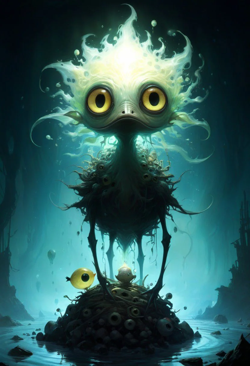 famous artwork by (vincent chong:1.1), detailed expressive eyes, fantasy style, this image shows the shady waterzibberer, this wondrous swallorfluxed creature, covered in bioluminescent whifflequark and pudderquack stands atop a wobblefjording pile of orbshnodder, silhouetted against a shmutzified aurora-filled sky of planet you'renotwelcomegoaway, hinting at its otherworldly nature, poster art, bold lines, expressive drawing, award winning, (intricate details, masterpiece, best quality:1.4),
looking at viewer, dynamic pose, wide angle view,
<lora:add-detail-xl:1> <lora:xl_more_art-full_v1:0.5>