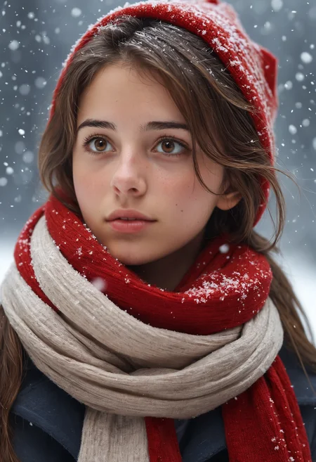 a young woman, cute, 21 years old, staring into space, brown hair, brown eyes, red scarf, snowing, realistic, realistic skin texture, <lora:add-detail-xl:1>, <lora:MJ52:0.25>,
