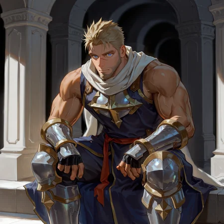 <lora:Lambert_Alchemist_Code-000002:.5> tagatamelambert, 1boy, muscle body, mature male, blonde, short hair, spiked hair, blue eyes, armor, scarf, sleeveless robe, vambraces, boots, (scar on nose:1.2)
(very short hair, beard, bara, mature, facial hair, stubble, beard, full beard, sideburn, beard, a lot of beard, ), facial hair,male focus, muscular male, muscular male, bara, mature,  bara, mature, aixiwuganda_(20222192), very awa, masterpiece, best quality, absurdres, newest, perfect quality, detailed background, intricate details,
<lora:slider_Body Type_alpha1.0_rank4_noxattn_last:3><lora:Anime Summer Days 2 Style SDXL_LoRA_Pony Diffusion V6 XL:.6><lora:slider_cfg_scale_boost:.7><lora:Artist6p:.55>, Artist6p, Artist04p,<lora:slider_il_brightness_slider_d1:-1><lora:slider_il_contrast_slider_d1:-1><lora:slider_DarkSlider1.2_alpha1.0_rank16_full_300steps:-.6>