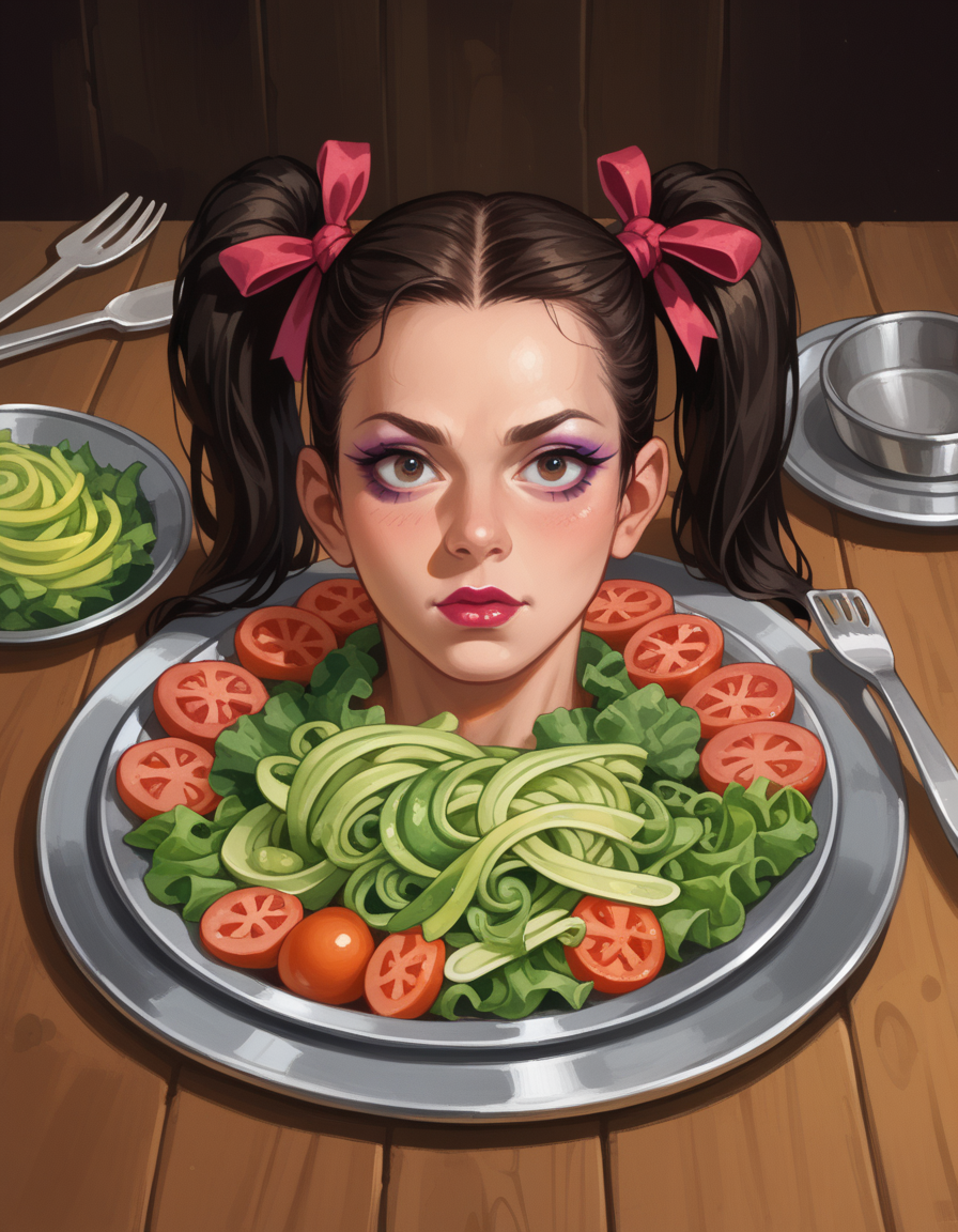 score_9, score_8_up, score_7_up, score_6_up, score_5_up, score_4_up, , solo, 1girl, Pigtails with Ribbon, makeup, lipstick, hud_h3ad_platt3r, table, tray, severed head, <lora:headonaplatter:1>, knife, fork, spoon, salad, food