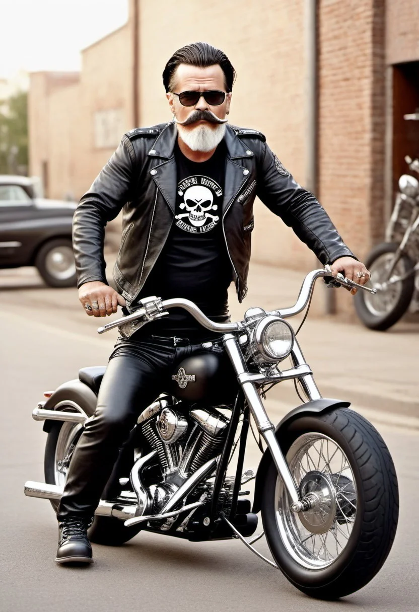 Ultra realistic with high quality and ultra detail with excellent focus and contrast, photorealistic style image, ultra realism, high definition of 1 in about 50 years old, 100 kg, man wearing rocker clothes, black t-shirt with skull and bones logo, leather jacket, black cloth tied on head, leather pants and leather boots, beard, mustache, glasses, full length portrait riding a rocker bike correct and accurate anatomy, correct objects and details in the image, excellent visualization of the whole picture, dynamics of the image, in the background the city environment, on the right of the image a rocker bar with many parked rocker bikes in front of the bar,