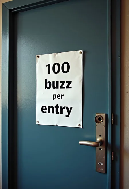a locked door with a white sign that reads "100 buzz per entry"