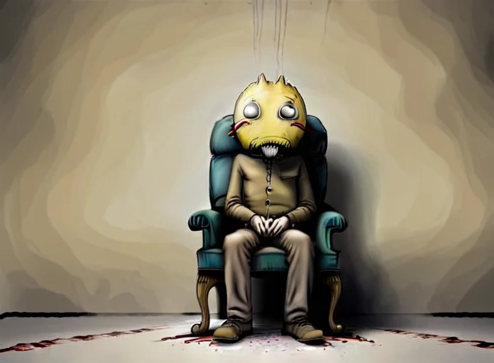 a man with a hole in his head from yellow little monsters fall, sits on a chair in a desolate room <lora:rob_sheridan_drawing_style:1>