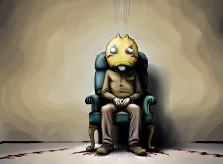 a man with a hole in his head from yellow little monsters fall, sits on a chair in a desolate room <lora:rob_sheridan_drawing_style:1>