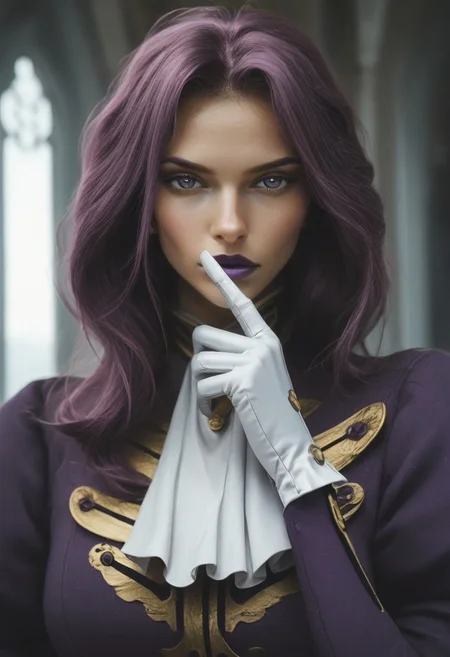 score_9,score_8_up,score_7_up,best quality, 4k, rating_safe, very aesthetic,,Cornelia,purple hair,purple eyes,long hair,purple lips,purple uniform,ascot,military uniform,white gloves,
cowboy shot,,