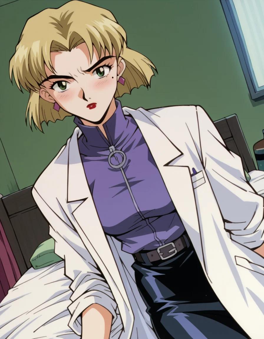 score_9, score_8_up, score_7_up, source_anime,
ritsukoakagi,  <lora:ritsuko-akagi-classic-ponyxl-lora-nochekaiser:1>,
ritsuko akagi, short hair, blonde hair, mole, mole under eye, parted bangs, green eyes,
lipstick, skirt, jewelry, pantyhose, earrings, belt, pencil skirt, labcoat, shirt, purple shirt, turtleneck, zipper,
indoors, bed, bed room, on side, blush, drunk,
cowboy shot, looking at viewer, solo, dutch angle,