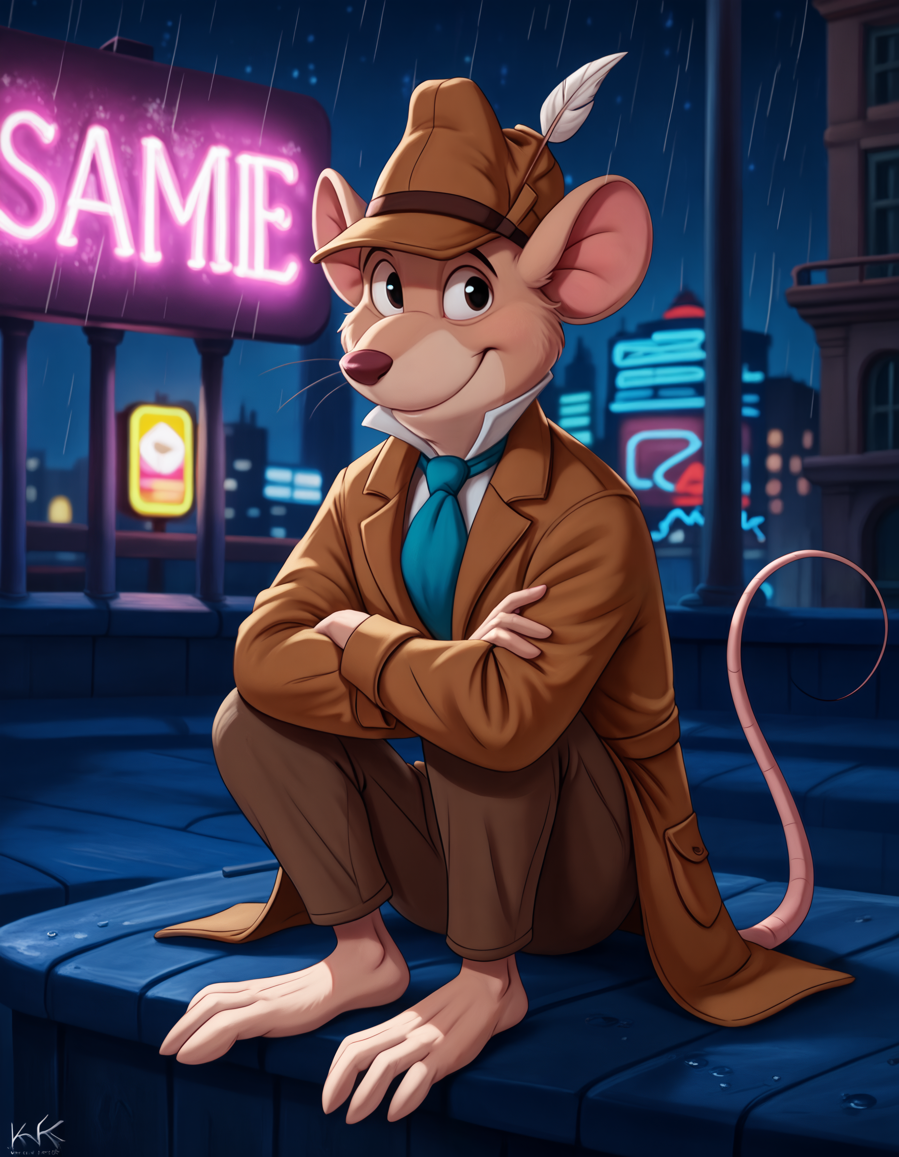 score_9, score_8_up, score_7_up BREAK rating_safe, source_furry, detailed, depth of field, detailed background, cinematic lighting, particles, decals, masterpiece, (best quality, high quality, 8K:1.5), <lora:sinfully_stylish_SDXL.safetensors:0.95>,  embedding:zPDXL3, anthro, <lora:add-detail-xl.safetensors:2.5>, <lora:Basil_of_Baker_StreetThe_Great_Mouse_Detective:1.0>, basil_gmd, great_mouse_detective, solo, 1boy, male focus, clothed, hat, dark, night, rain, light shining through feathers, looking at viewer, city, outdoor, digitigrade, biped, barefoot, (cyberpunk, neon lights, night time:1.2), upper body, solo, smile, long_sleeves, tail, necktie, shoes, pants, (black eyes:1.2), coat, blue necktie, mouse ears, brown headwear, furry male, mouse tail, brown pants, brown coat, mouse, trench coat, detective,  (close up, from behind, sitting finger heart arms crossed over the chest leaning forward, lonely:1.15)