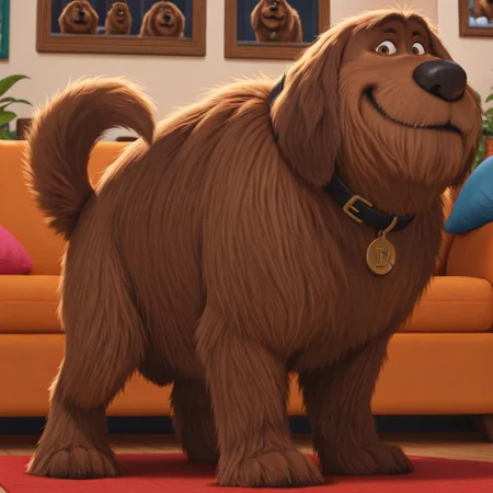 Duke(TSLoP), Solo, 1boy, feral, dog, brown fur, brown eyes, shaggy fur, dog tail, black nose, black collar, gold tag, full body, looking at viewer, standing, smile, living room background,