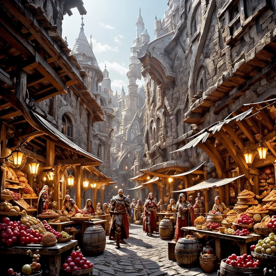 RAW photo, (masterpiece:1.3), subsurface scattering, heavy shadow, (high quality:1.4), (intricate, high detail:1.2), professional color photography, HDR, High Dynamic Range, realistic, ultra realistic, photorealistic, high resolution, film photography, ambient lighting, atmospheric effects, <lora:detail_slider_v4:2>, OverallDetail, <lora:FantasyMarket:1>, fanmar, armor, barrel, basket, blurry, bread, closed eyes, cloud, day, fanmar, fruit, holding sword, knife, multiple girls, outdoors, pavement, robe, scenery, sword, table, watercraft, epiCPhoto