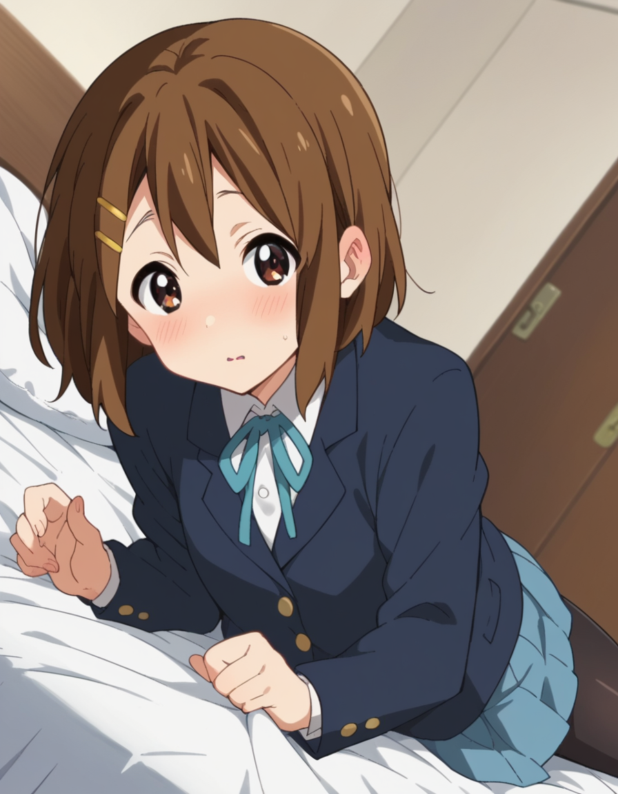score_9, score_8_up, score_7_up, source_anime,
yuihirasawa, <lora:yui-hirasawa-s2-ponyxl-lora-nochekaiser:1>,
yui hirasawa, brown eyes, brown hair, hair ornament, hairclip, medium hair,
black pantyhose, blazer, blue jacket, blue ribbon, blue skirt, buttons, collared shirt, jacket, long sleeves, neck ribbon, pantyhose, pleated skirt, ribbon, sakuragaoka high school uniform, school uniform, shirt, skirt, white shirt, winter uniform,
indoors, bed, bed room, on side, blush, drunk,
looking at viewer, dutch angle, cowboy shot,