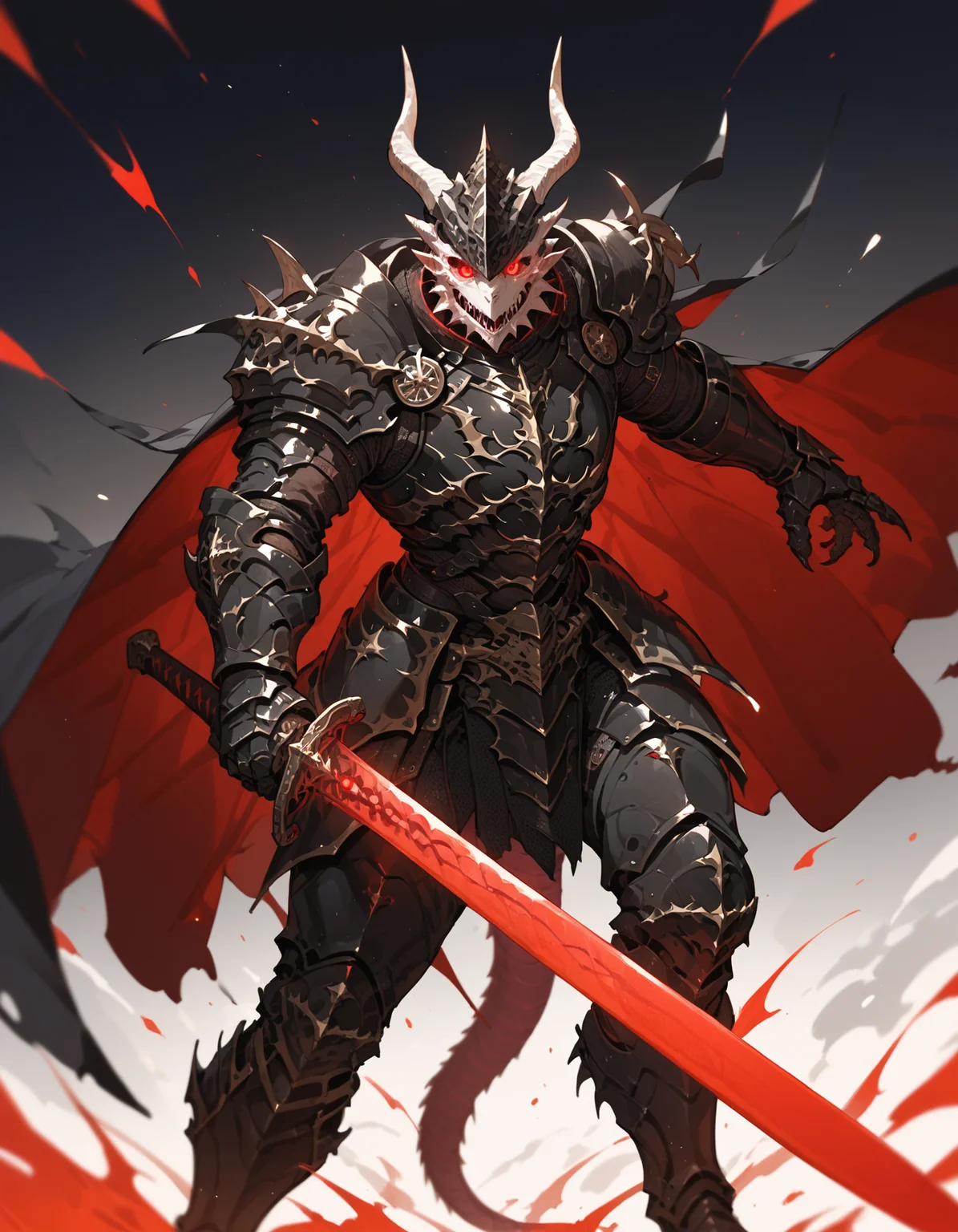 (score_9,score_8_up,score_7_up),glowing style,horns, holding sword, red eyes, glowing eyes, 1boy, solo, monster, black armor, gauntlets, dragon, male focus, helmet, cape, glowing sword, pauldrons, demon, breastplate, full armor,<lora:glowing_style_XL_16E_GPmixV_V1.7:1>