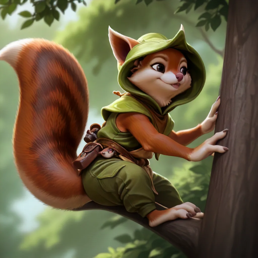 furry, Hoodwink. squirrel <lora:Hoodwink Illustrious:1>, climbing a tree
