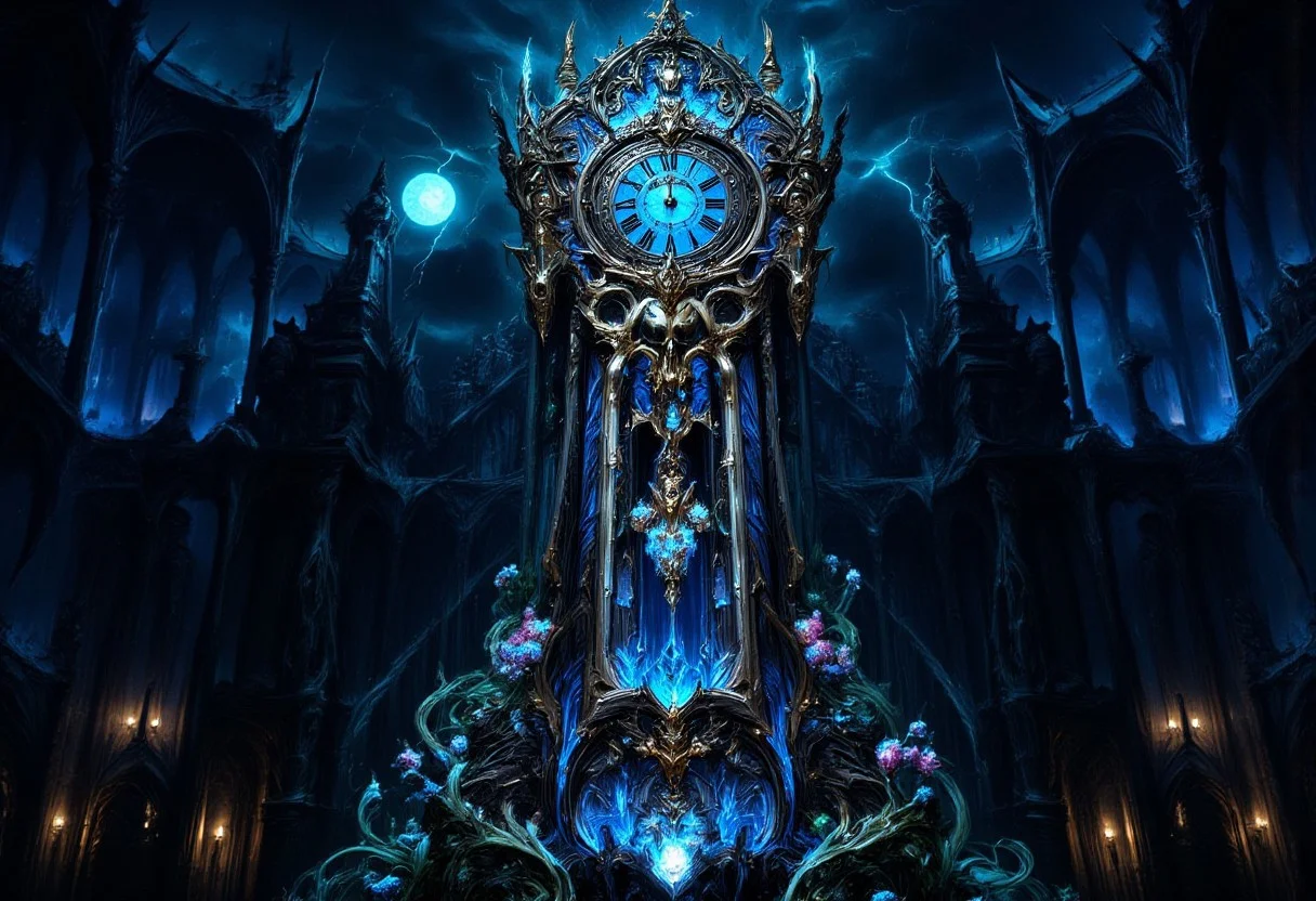 A towering, ornate grandfather clock made from dark, polished wood, standing in an ancient, mystical hall. The clock's face is intricately carved with arcane symbols glowing in faint blue light, with runes spiraling around the golden clock hands. The pendulum is an eerie, floating skull, suspended by glowing magical chains, swinging back and forth with an ethereal hum. Around the base of the clock, twisted vines with glowing, otherworldly flowers wrap around its legs, and the entire clock pulses with ancient magical energy. The scene is set under a stormy, night sky, with lightning flashing, casting dramatic shadows on the clock, making it look like a relic of immense power