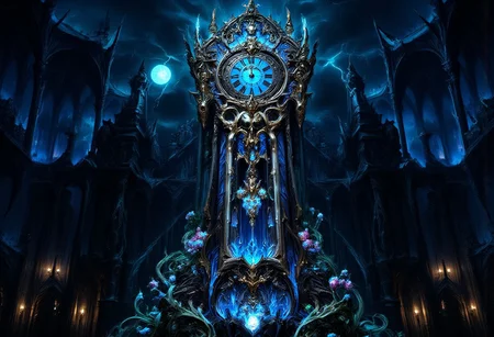 A towering, ornate grandfather clock made from dark, polished wood, standing in an ancient, mystical hall. The clock's face is intricately carved with arcane symbols glowing in faint blue light, with runes spiraling around the golden clock hands. The pendulum is an eerie, floating skull, suspended by glowing magical chains, swinging back and forth with an ethereal hum. Around the base of the clock, twisted vines with glowing, otherworldly flowers wrap around its legs, and the entire clock pulses with ancient magical energy. The scene is set under a stormy, night sky, with lightning flashing, casting dramatic shadows on the clock, making it look like a relic of immense power