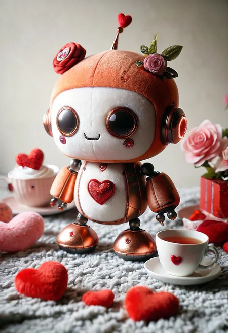 masterpiece, best quality, absurdres, cute copper gear robot tea party made out of plush, ral-smlvltnpls