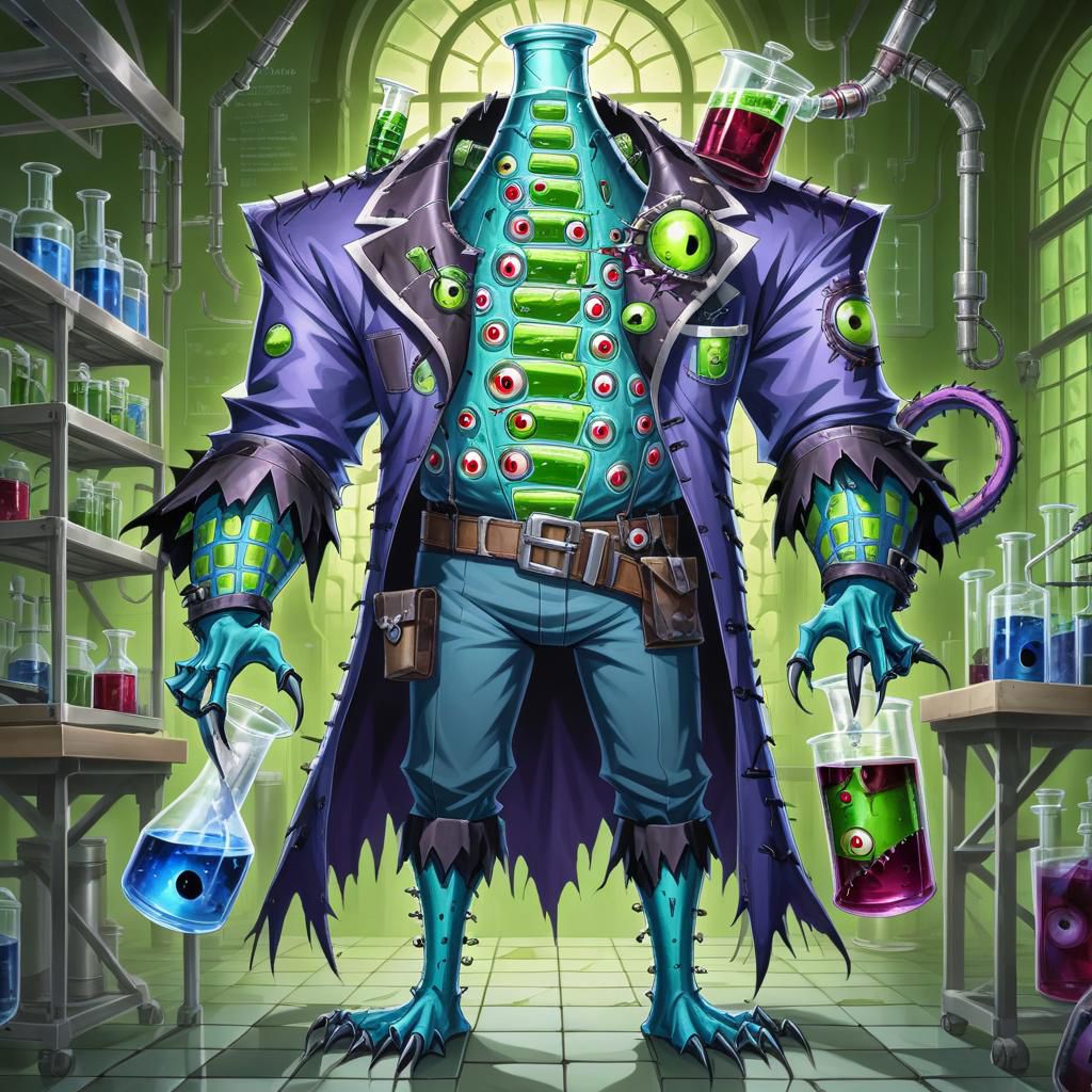 fleshmutant frankenstein's monster covered in eyes holding a beaker inside of a laboratory,patchwork creature,patchwork skin,full body,2d,anime