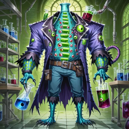fleshmutant frankenstein's monster covered in eyes holding a beaker inside of a laboratory,patchwork creature,patchwork skin,full body,2d,anime