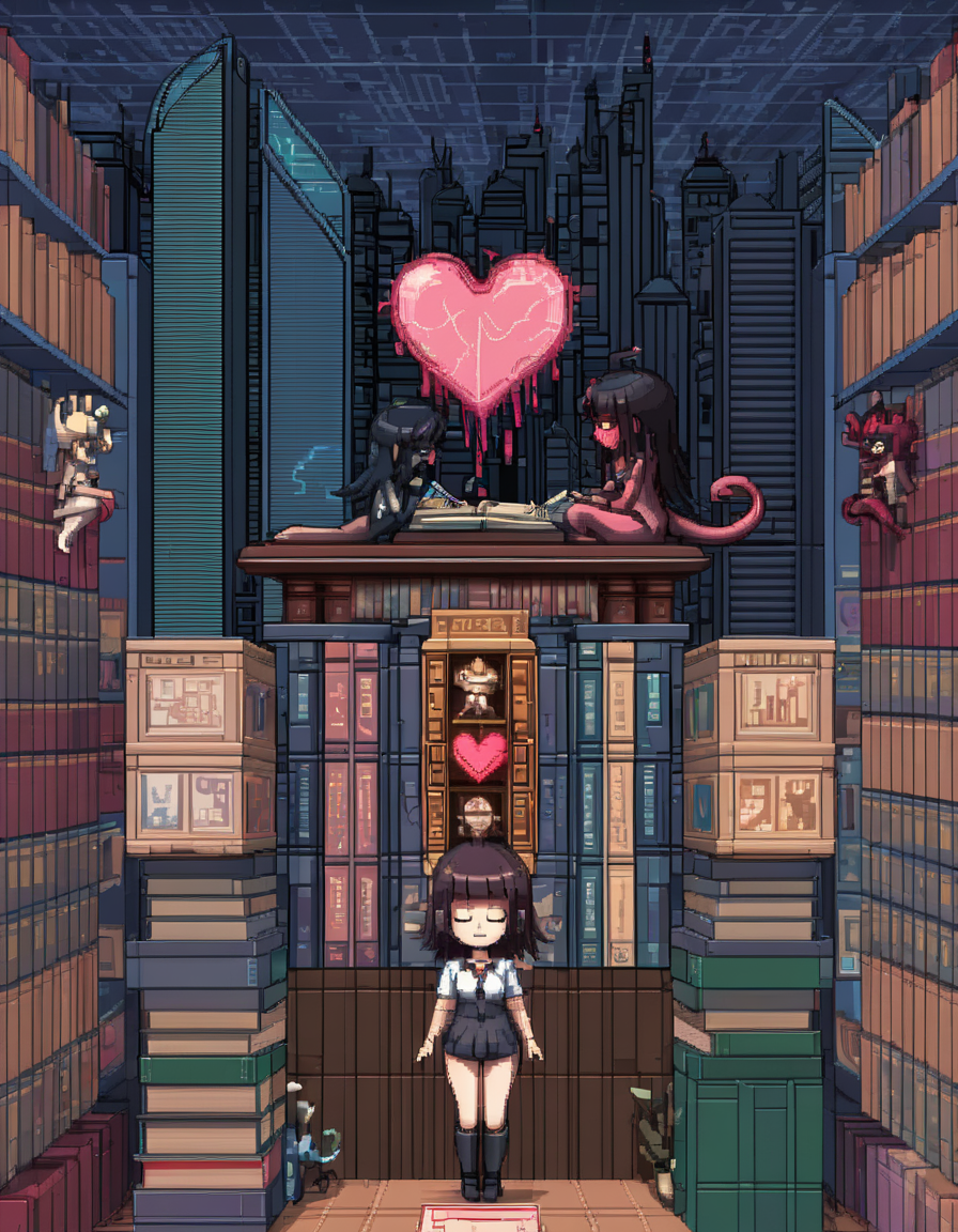 <lora:pxll-000007:0.8>pxll, 1girl, bookshelf, building, city, cityscape, closed eyes, demon tail, english text, heart, heart-shaped pupils, heart censor, heart hands, house, kiss, library, long hair, penis, pixel art, sex, skyscraper, spoken heart, tail, video game