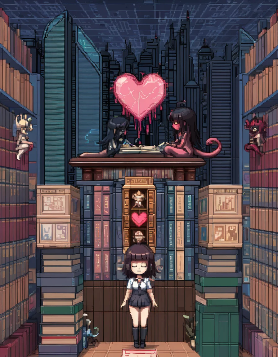 <lora:pxll-000007:0.8>pxll, 1girl, bookshelf, building, city, cityscape, closed eyes, demon tail, english text, heart, heart-shaped pupils, heart censor, heart hands, house, kiss, library, long hair, penis, pixel art, sex, skyscraper, spoken heart, tail, video game