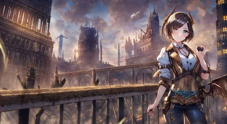 girl, eyes, face, steampunk, wings, embroidery, ruins, bridge, mist, night, masterpiece, detailed, depth of field, reflective, caustics
