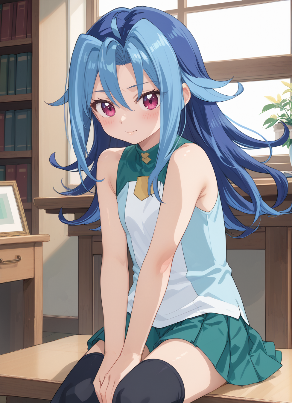 score_9, score_8_up, score_7_up,  airio, 1girl, solo, smile, bangs, long hair, dyed bangs, two-tone hair, blue hair, purple eyes, multicolored hair, red eyes,
skirt, thighhighs, bare shoulders, underwear, panties, sleeveless, black thighhighs, pleated skirt, green skirt, hands on own knees, 
sitting, cowboy shot, looking at viewer, white background, simple background, <lora:Rio_Pony:1>,, , shiny, shiny skin, shiny hair, soft body,, BREAK ,score_9, score_8_up, score_7_up, detailed face, detailed body, best background, detailed background, uncensored,, BREAK ,anime screencap, anime coloring,