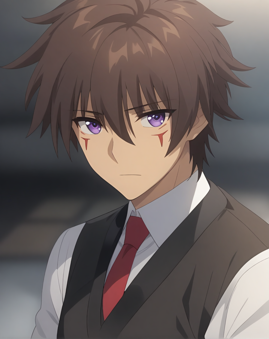 masterpiece, best quality, very aesthetic, absurdres, very detailed, sensitive, depth of field, ((1boy, solo, male only, male focus, upper body)),  <lora:akuto_sai_sdxl_lora:0.8>, (sai akuto, facial mark, brown hair, short hair, hair between eyes, bangs, purple eyes), black uniform, collared shirt, white shirt, red tie,