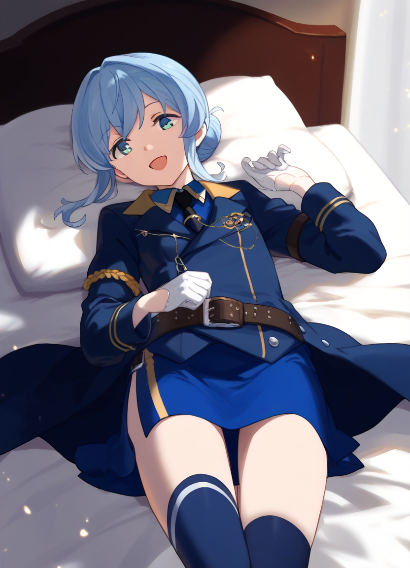 score_9, score_8_up, score_7_up, masterpiece, best quality, absurdres, official art, official style, (anime screencap, megami magazine:1.2), zPDXL2, zPDXLxxx, <lora:Shibafu_Style_Pony_v1:0.7>, 1girl, solo focus, shibafu_style, <lora:gotland-09:0.7>, gotlandandraKC, long sleeves, jacket, collared shirt, belt, white gloves, hair bun, blue skirt, military uniform, thigh strap, single hair bun, blue shirt, blue sailor collar, black necktie, blue thighhighs, half gloves, <lora:neg4all_bdsqlsz_xl_V91:1.0> <lora:ALTXL_pony_0061_8:2.0>, <lora:detailed_hands-000002:1>, hand bedroom, on bed, bed sheet, evening, sunset, dim lighting, light particles, on back, from above open eyes, open mouth, smile, looking at viewer,