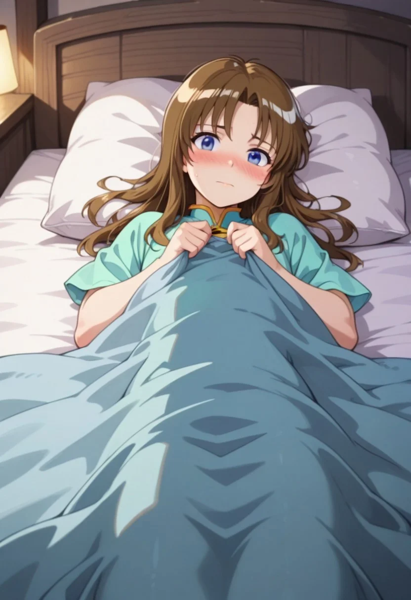 masterpiece,best quality,amazing quality,yakumo tatsuro, long hair, brown hair, blue eyes, 1girl, solo, blush, pillow, bed, lying, on back, blanket, looking at viewer