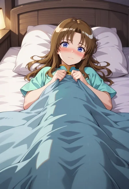 masterpiece,best quality,amazing quality,yakumo tatsuro, long hair, brown hair, blue eyes, 1girl, solo, blush, pillow, bed, lying, on back, blanket, looking at viewer
