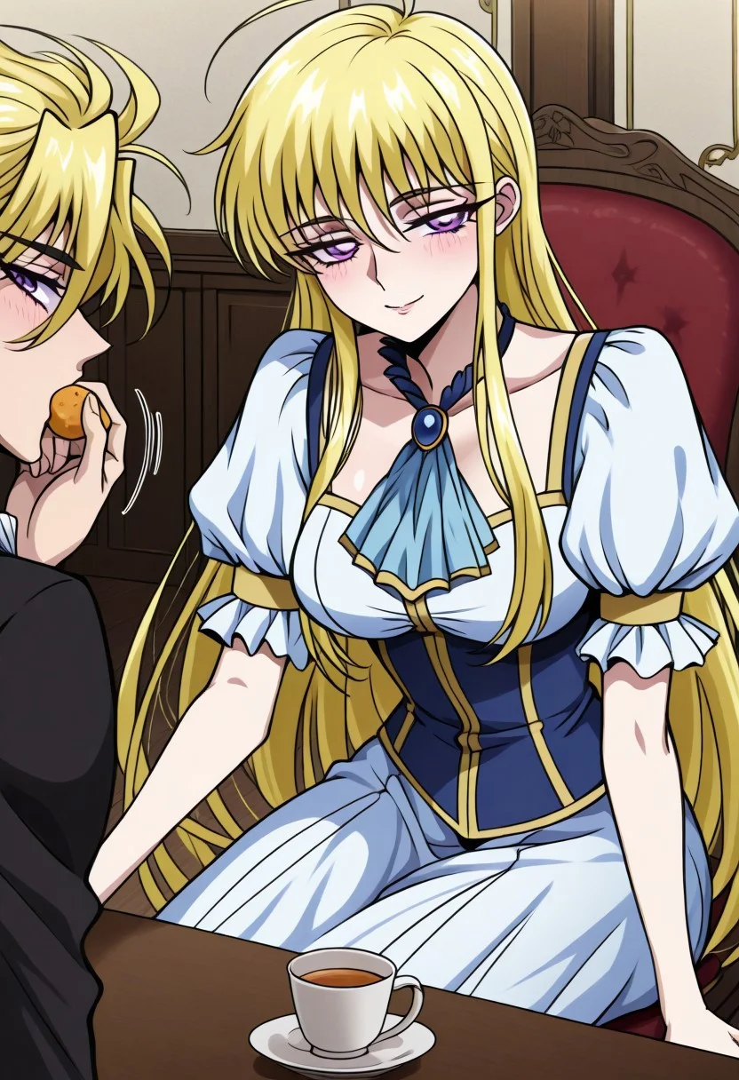 masterpiece, best quality, newest, highres, uncensored, 1girl, yokota mamoru style,1girl, slender face,motion lines,torogao,looking at the viewer,seductive smile,blush
Cecilia,Ahoge Hair, Blonde Hair, Waist Length Hair,Long Hair,Violet Eyes,Large Eyes,Choker,Slim
blonde hair, 1girl, long hair, 1boy, chair, food, table, ascot, indoors, sitting, puffy sleeves, cup,Cecilia,Ahoge Hair, Blonde Hair, Waist Length Hair,Long Hair,Violet Eyes,Large Eyes,Choker,eating together